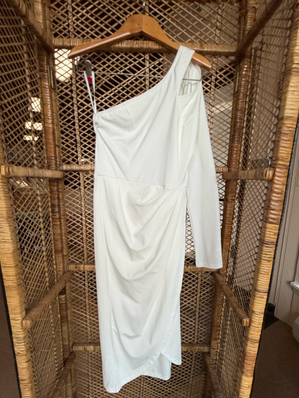 PRETTYGARDEN Ivory One Sleeve Ruched Bodycon Midi Dress NWT Size Medium
